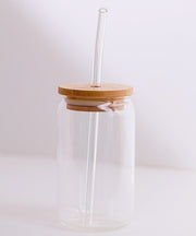 Glass cup with bamboo lid and glass straw 350 ml