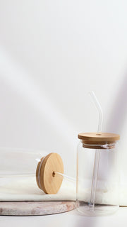 Glass cup with bamboo lid and glass straw 500 ml