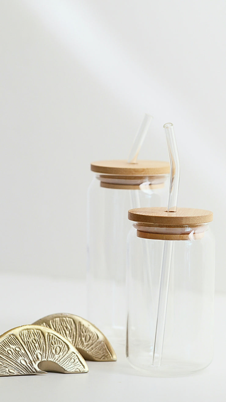 Glass cup with bamboo lid and glass straw 500 ml