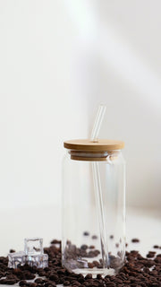 Glass cup with bamboo lid and glass straw 350 ml