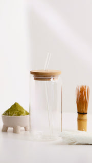 Glass cup with bamboo lid and glass straw 500 ml