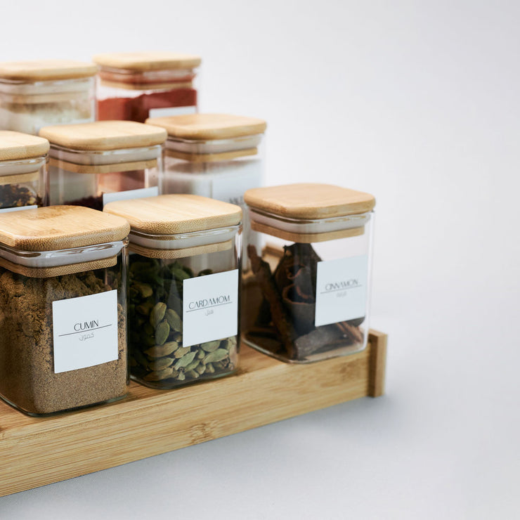 12 Square Spice jar 200 ML with Bamboo Lid & Stand