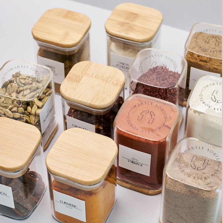 12Pack Square Spice Jars with Natural Acacia Lids and Bamboo Spice Rac
