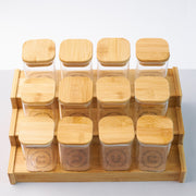 12 Square Spice jar 200 ML with Bamboo Lid & Stand