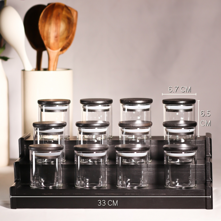 Black Glass Jar Set with Stand     (12 pc - 100ml)